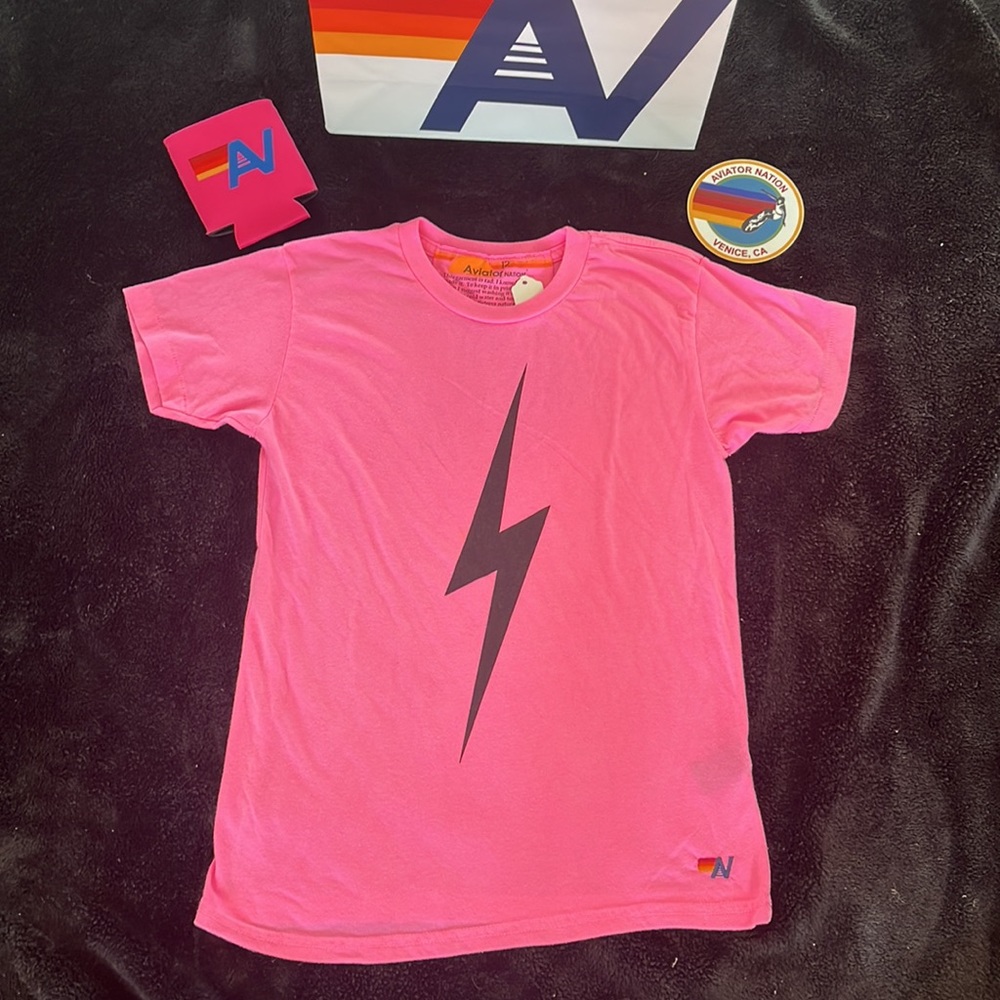 NWT Kids Aviator Nation T Shirt Neon Pink Bolt tee Size 10